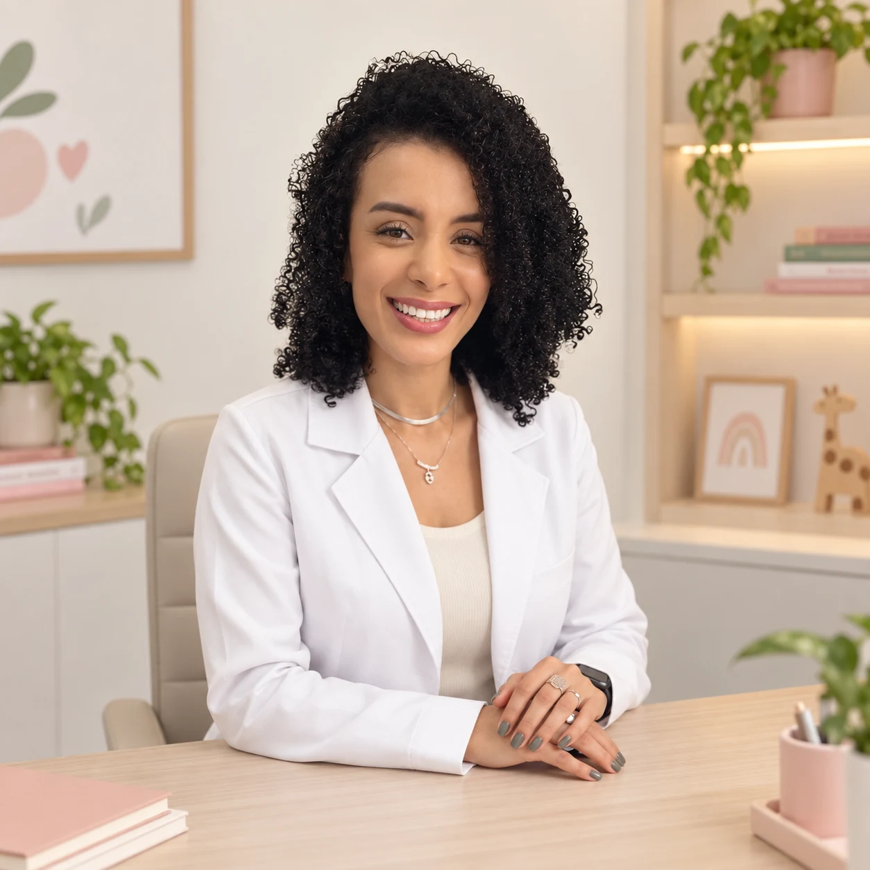 Dra. Bruna Pires sorrindo, de jaleco branco em um consultório acolhedor