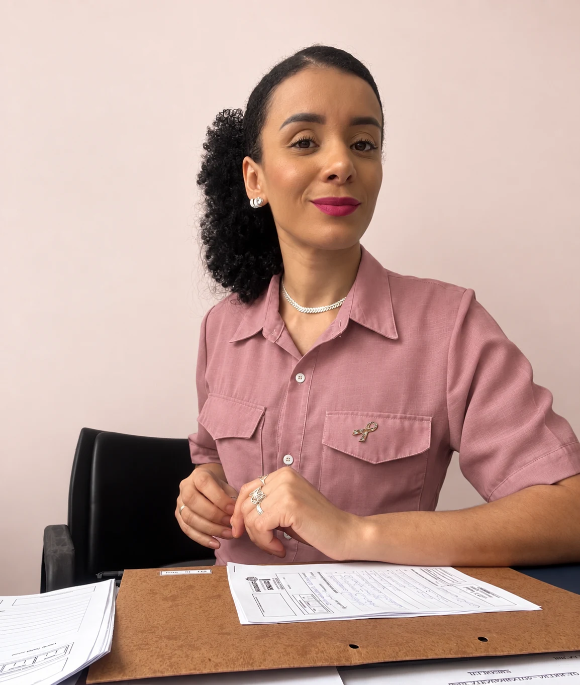 Dra. Bruna Pires sentada à mesa do consultório, com camisa rosa